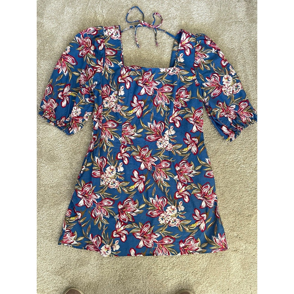 A New Day Women's L Regular Blue Floral Square Neck Puff Short Sleeve Blouse